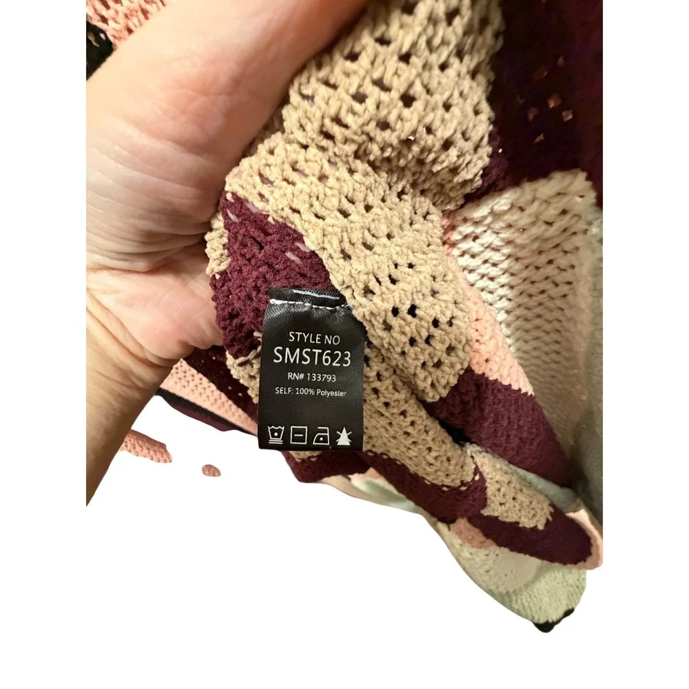 POL Striped Kimono Cardigan Boho Ruffle Hem Long Sleeve Pink Tan Burgundy - Picture 5 of 6